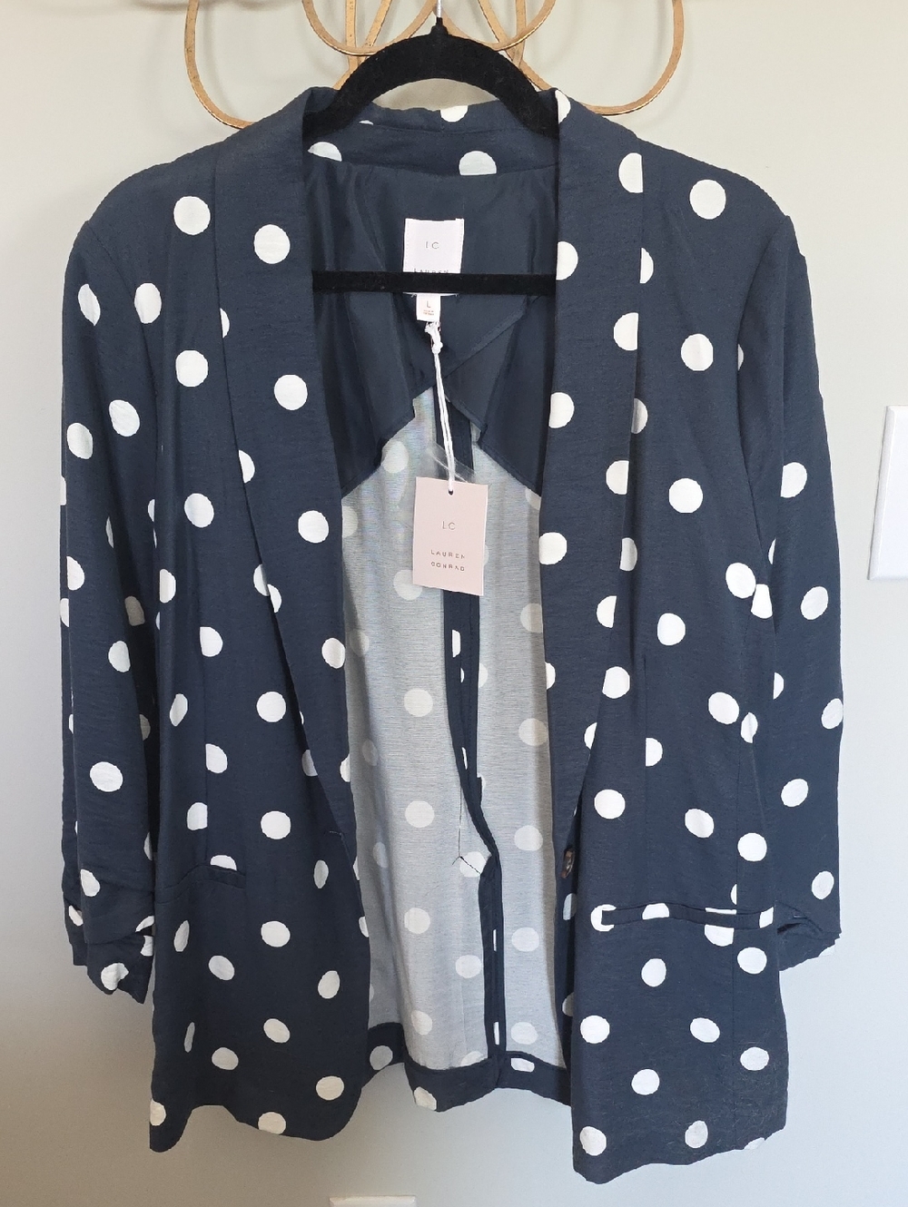 IC COLLECTION Navy Polka Dot Open Blazer
